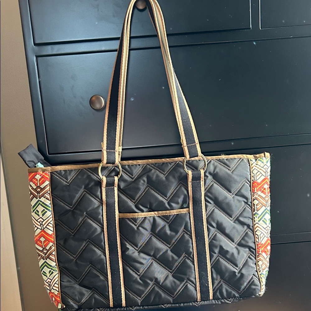 Cinda B computer Quilted Black Tote Bag with Patterned Sides